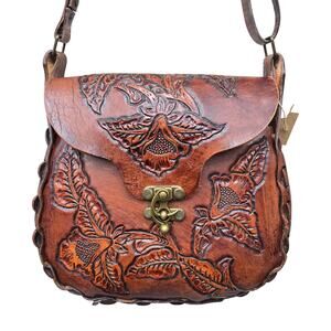 Los Caporales Tooled Leather Purse Brown Floral Bohemian Festival Hippie NEW